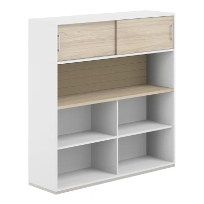 Стеллаж-комбо 1-стор. 1438 с антресолью, с экраном тканевым высоким/ AG.252.220.662.BG/ корпус: белый, дно: белый, столешница: ак.равелло, экран: бежевый